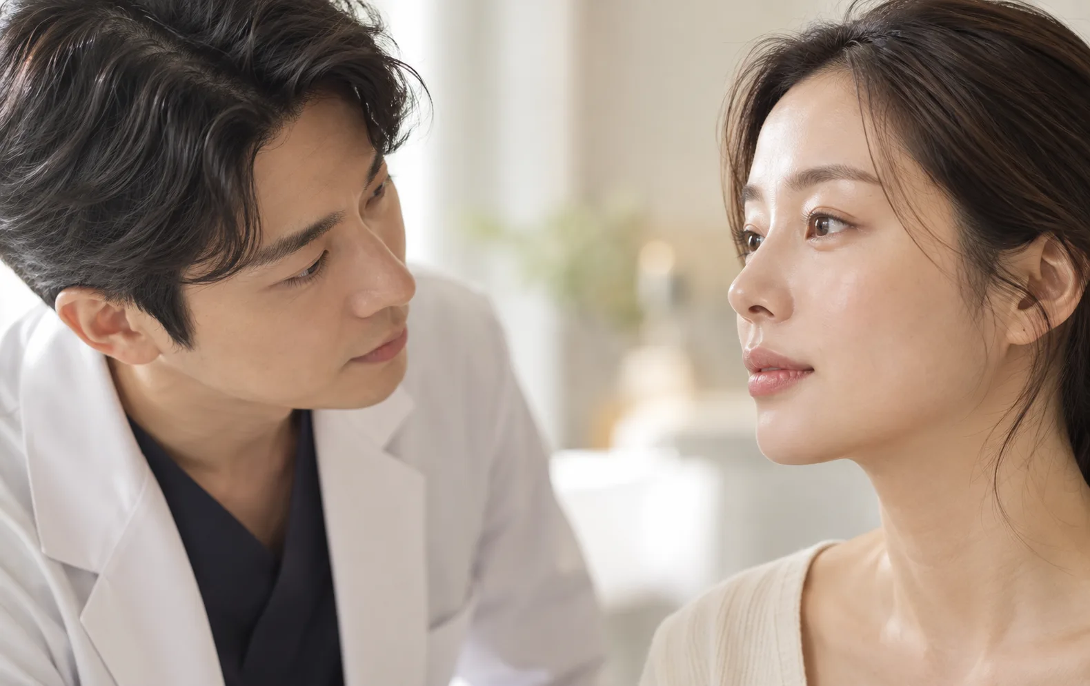 의료진이 환자의 피부를 세심하게 관찰하는 차분한 상담 장면